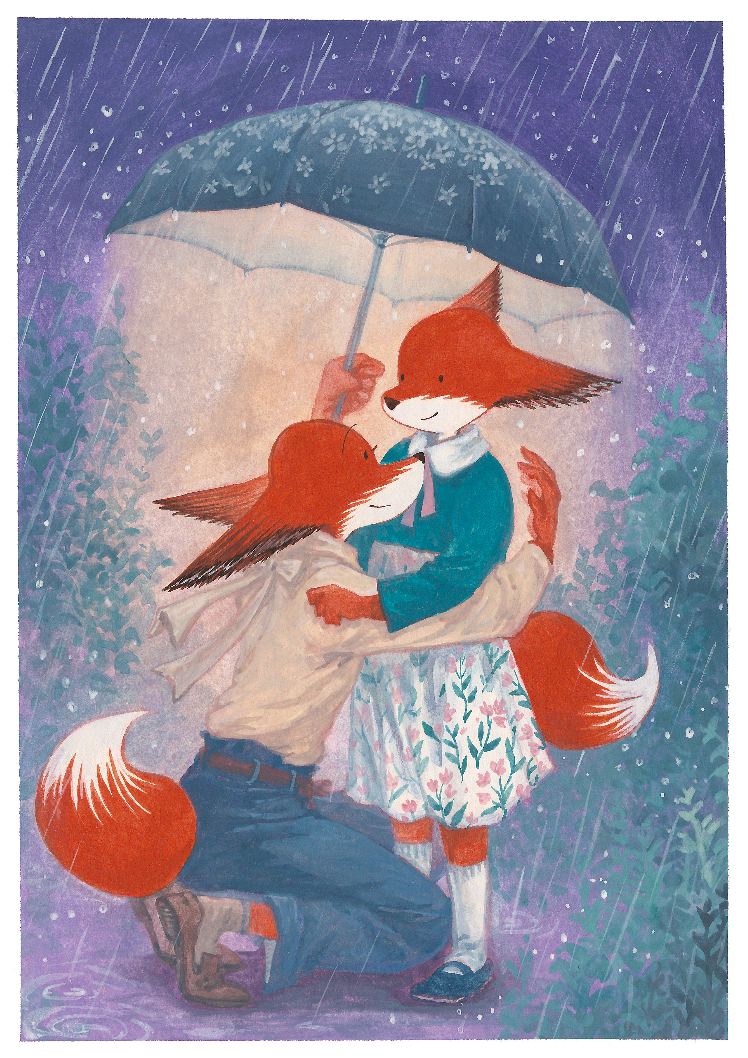 Illustration de YunBo, une maman renarde prend dans ses bras sa fille,sous un parapluie 
