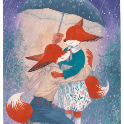 Illustration de YunBo, une maman renarde prend dans ses bras sa fille,sous un parapluie