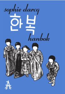 Un fond bleu avec des dessins de personnes de cultures coréennes portant un hanbok